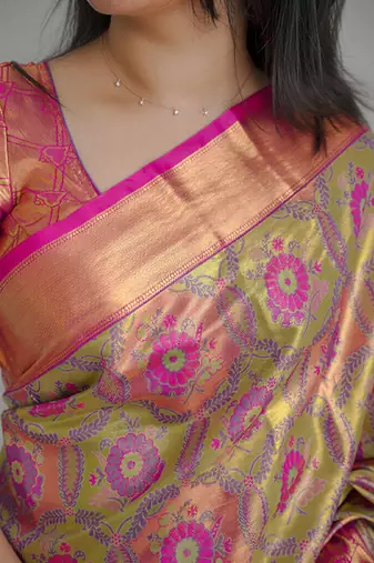 green floral, zari woven faux kanjivaram  semi silk saree with blouse