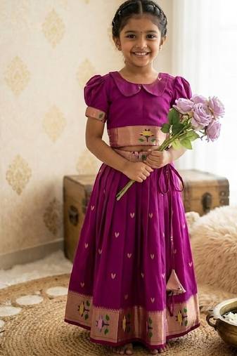 Soft silk paithani design zari weaving pavadai for kids