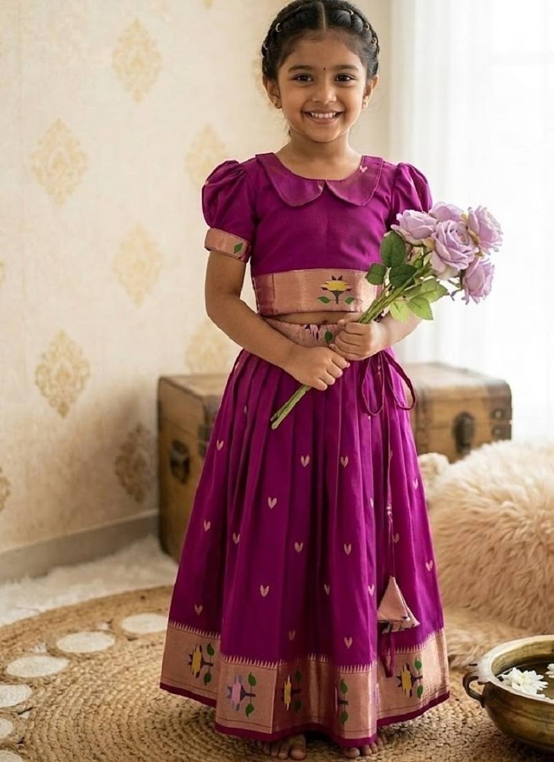 Soft silk paithani design zari weaving pavadai for kids