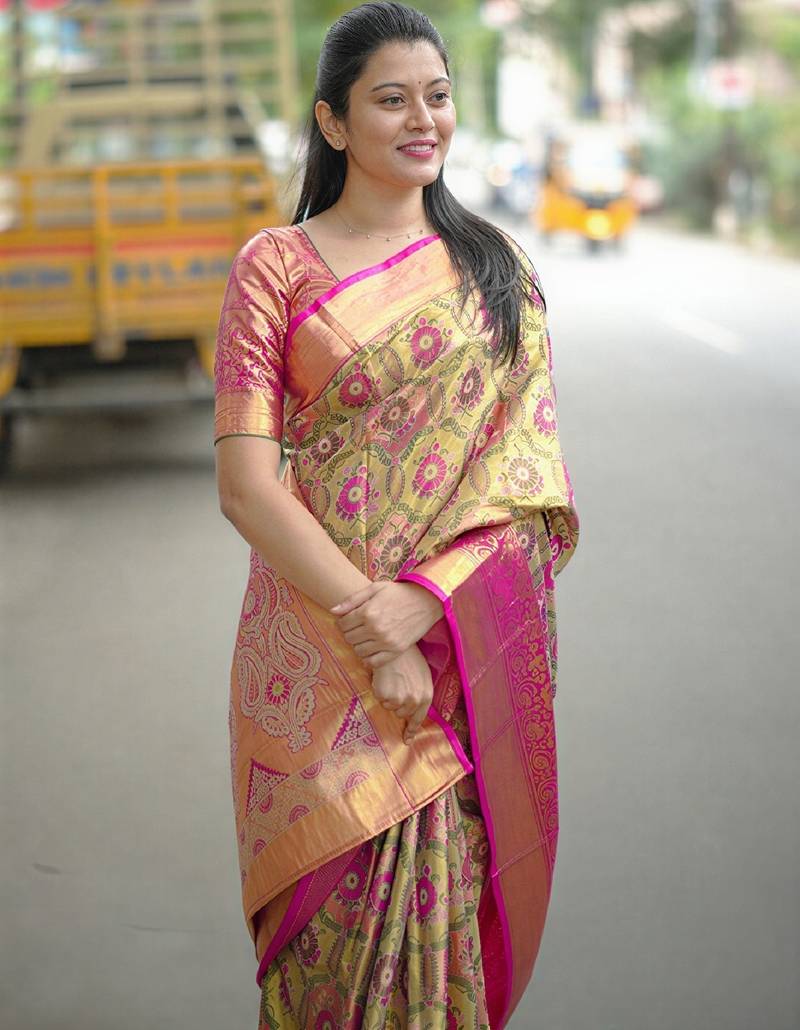 light green floral, zari woven faux kanjivaram  semi silk saree with blouse