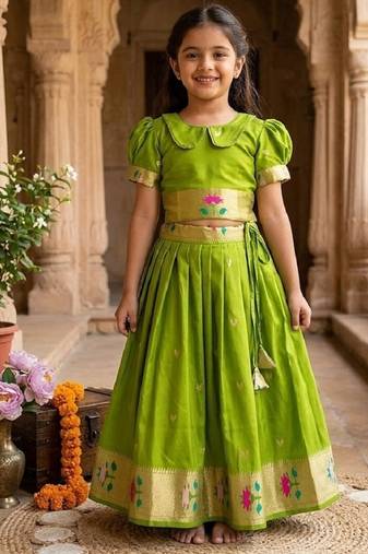 Soft silk paithani design zari weaving pavadai for kids