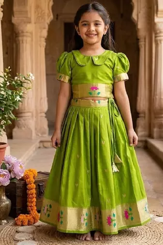 Soft silk paithani design zari weaving pavadai for kids