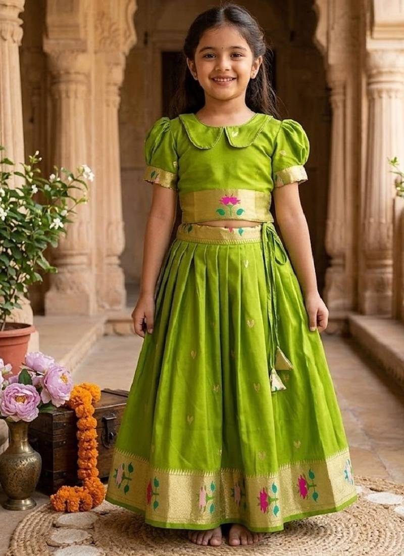 Soft silk paithani design zari weaving pavadai for kids