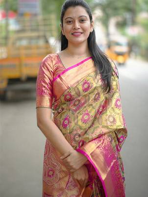 light green floral, zari woven faux kanjivaram  semi silk saree with blouse 2