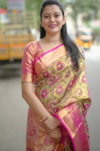 light green floral, zari woven faux kanjivaram  semi silk saree with blouse