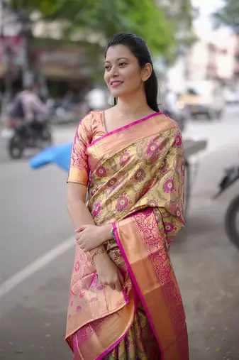 light green floral, zari woven faux kanjivaram  semi silk saree with blouse