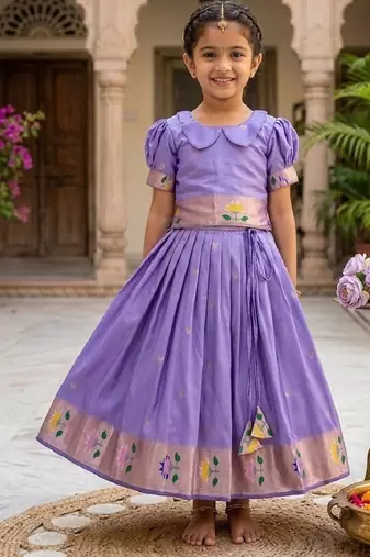 Soft silk paithani design zari weaving pavadai for kids