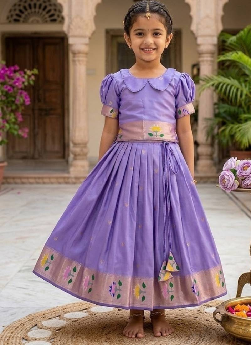 Soft silk paithani design zari weaving pavadai for kids