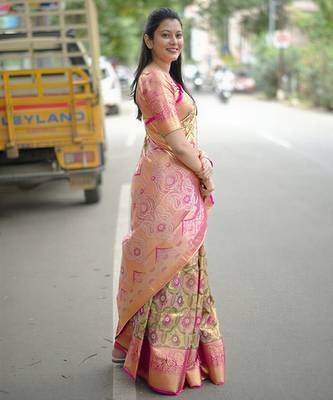 light green floral, zari woven faux kanjivaram  semi silk saree with blouse 4