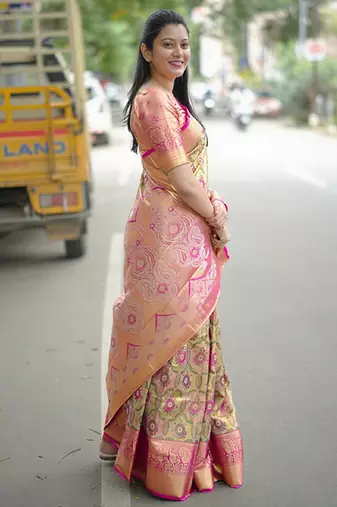 light green floral, zari woven faux kanjivaram  semi silk saree with blouse