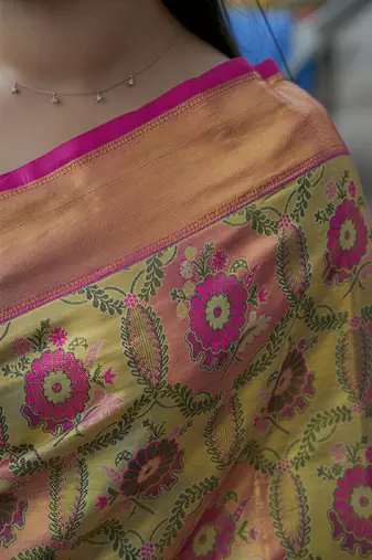 light green floral, zari woven faux kanjivaram  semi silk saree with blouse