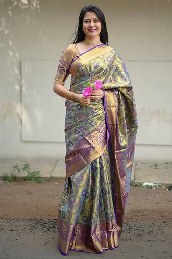 olive green floral, zari woven faux kanjivaram  semi silk saree with blouse