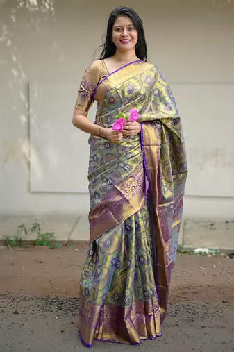olive green floral, zari woven faux kanjivaram  semi silk saree with blouse