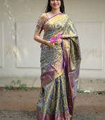olive green floral, zari woven faux kanjivaram  semi silk saree with blouse
