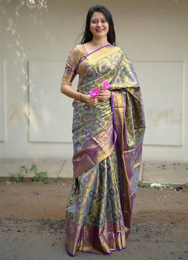 olive green floral, zari woven faux kanjivaram  semi silk saree with blouse