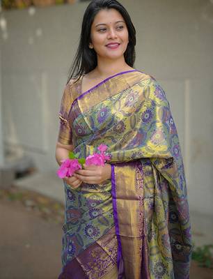 olive green floral, zari woven faux kanjivaram  semi silk saree with blouse 2