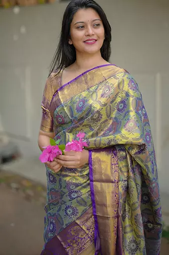 olive green floral, zari woven faux kanjivaram  semi silk saree with blouse
