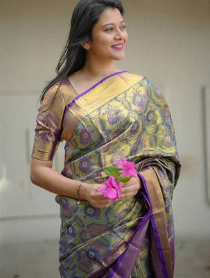 olive green floral, zari woven faux kanjivaram  semi silk saree with blouse 3
