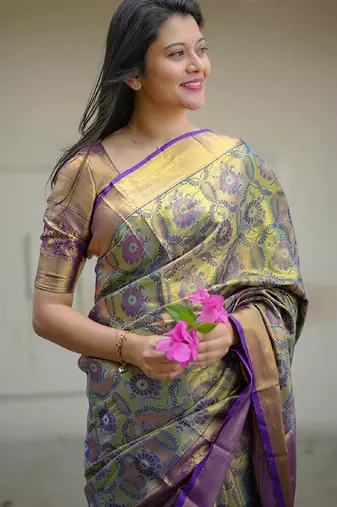olive green floral, zari woven faux kanjivaram  semi silk saree with blouse