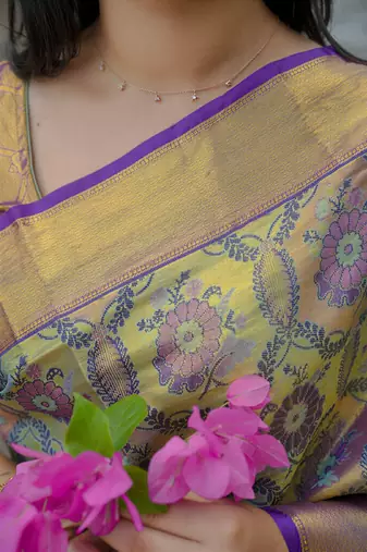 olive green floral, zari woven faux kanjivaram  semi silk saree with blouse
