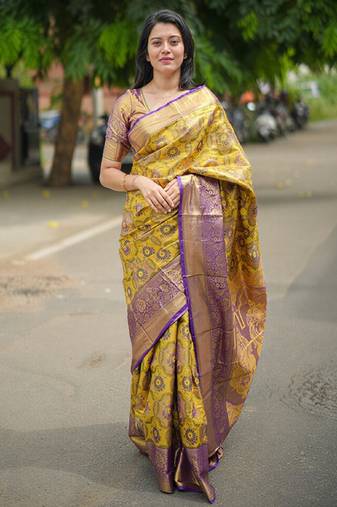 yellow floral, zari woven faux kanjivaram  semi silk saree with blouse