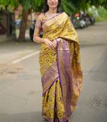 yellow floral, zari woven faux kanjivaram  semi silk saree with blouse