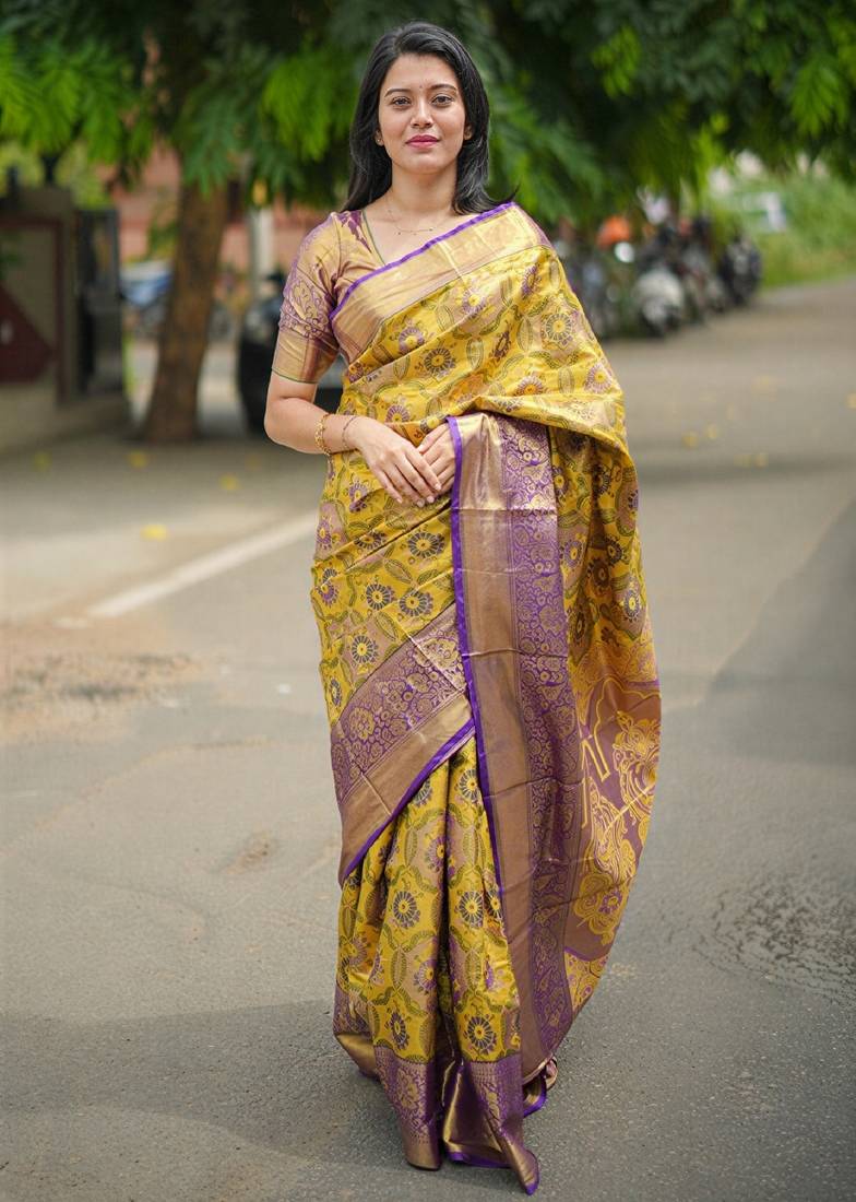 yellow floral, zari woven faux kanjivaram  semi silk saree with blouse
