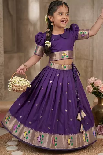 Soft silk paithani design zari weaving pavadai for kids