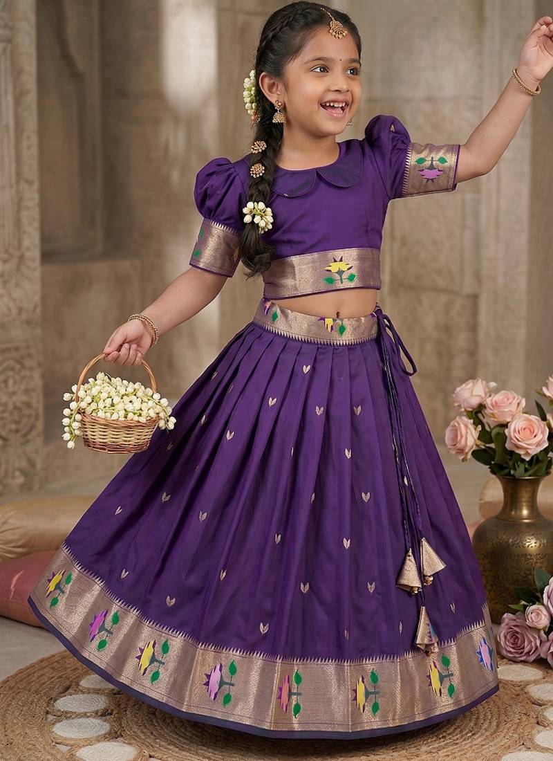 Soft silk paithani design zari weaving pavadai for kids