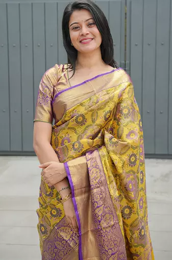 yellow floral, zari woven faux kanjivaram  semi silk saree with blouse