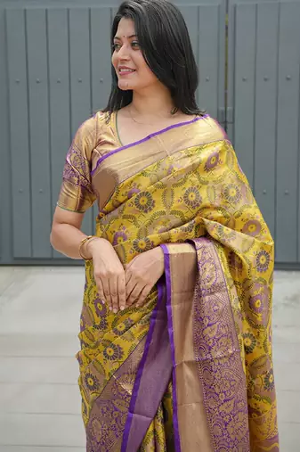 yellow floral, zari woven faux kanjivaram  semi silk saree with blouse