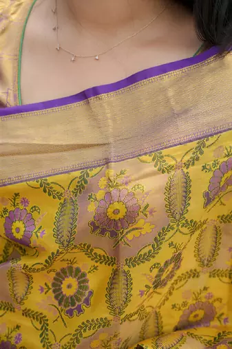 yellow floral, zari woven faux kanjivaram  semi silk saree with blouse