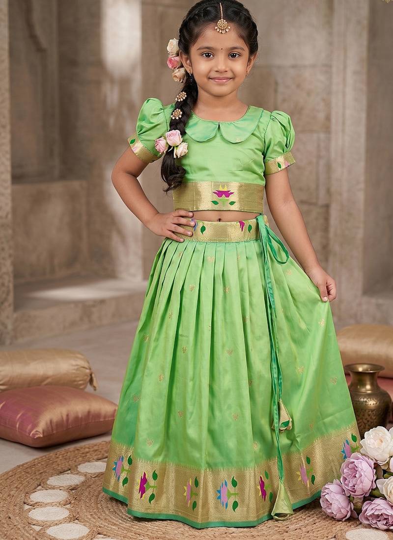 Soft silk paithani design zari weaving pavadai for kids