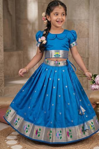 Soft silk paithani design zari weaving pavadai for kids