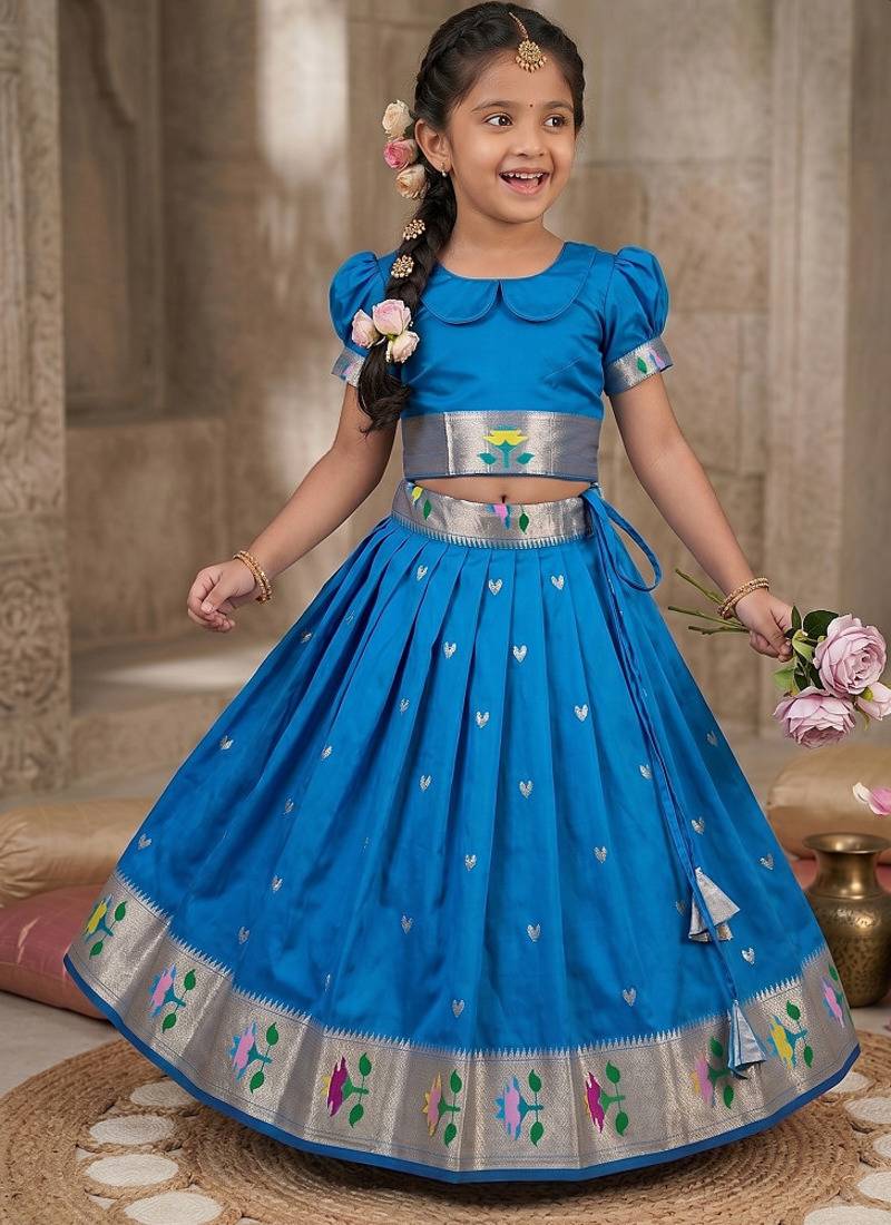 Soft silk paithani design zari weaving pavadai for kids
