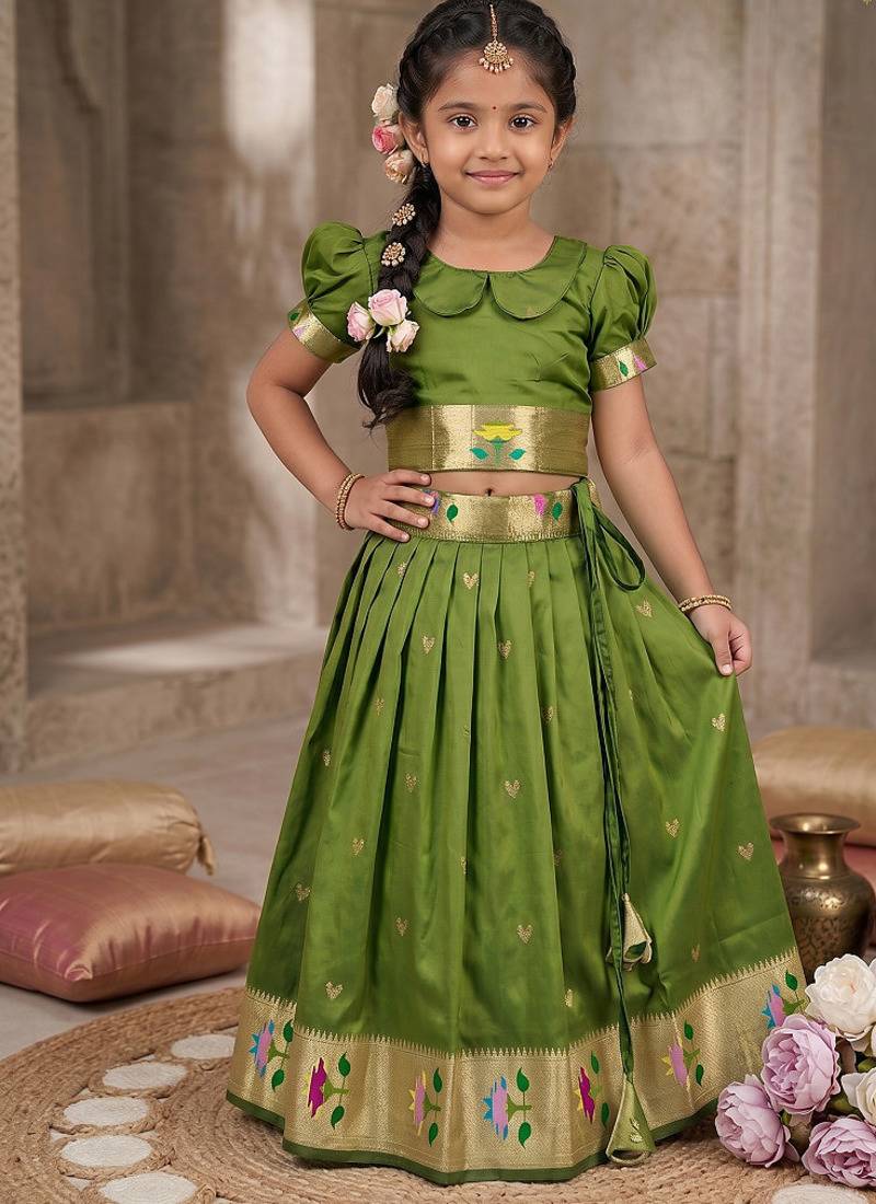 Soft silk paithani design zari weaving pavadai for kids