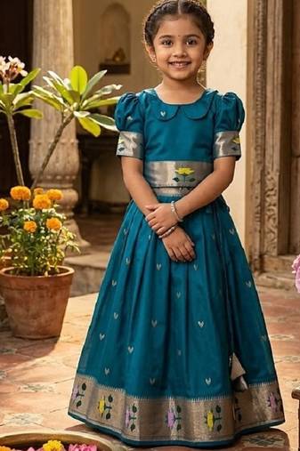 Soft silk paithani design zari weaving pavadai for kids