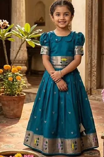 Soft silk paithani design zari weaving pavadai for kids