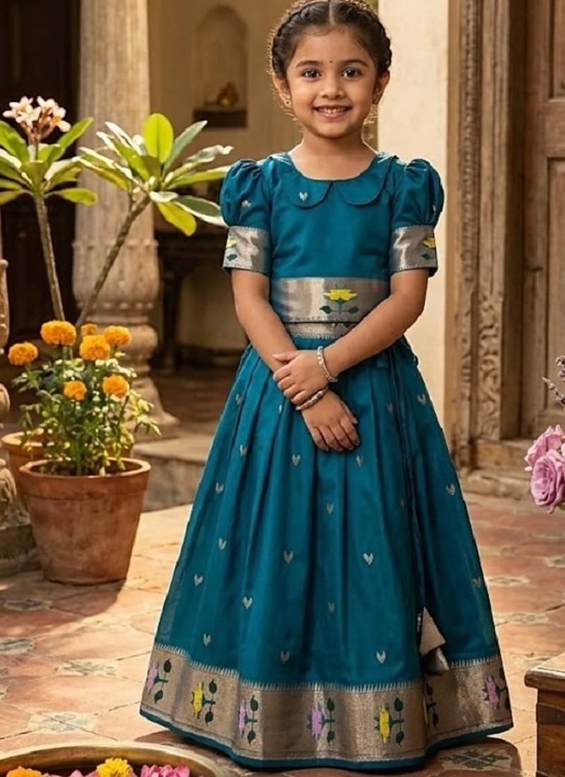 Soft silk paithani design zari weaving pavadai for kids