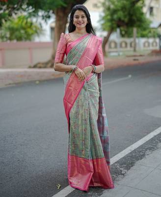 mint green floral, zari woven faux kanjivaram  semi silk saree with blouse 2