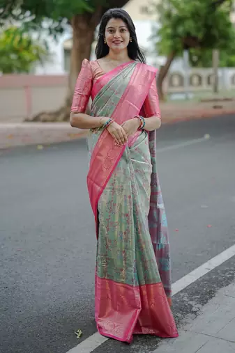 mint green floral, zari woven faux kanjivaram  semi silk saree with blouse