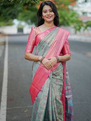 mint green floral, zari woven faux kanjivaram  semi silk saree with blouse 3