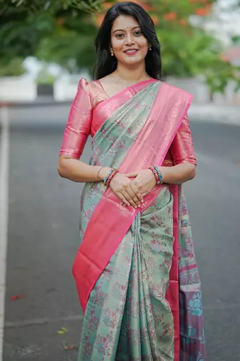 mint green floral, zari woven faux kanjivaram  semi silk saree with blouse