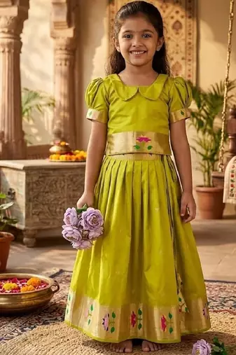 Soft silk paithani design zari weaving pavadai for kids