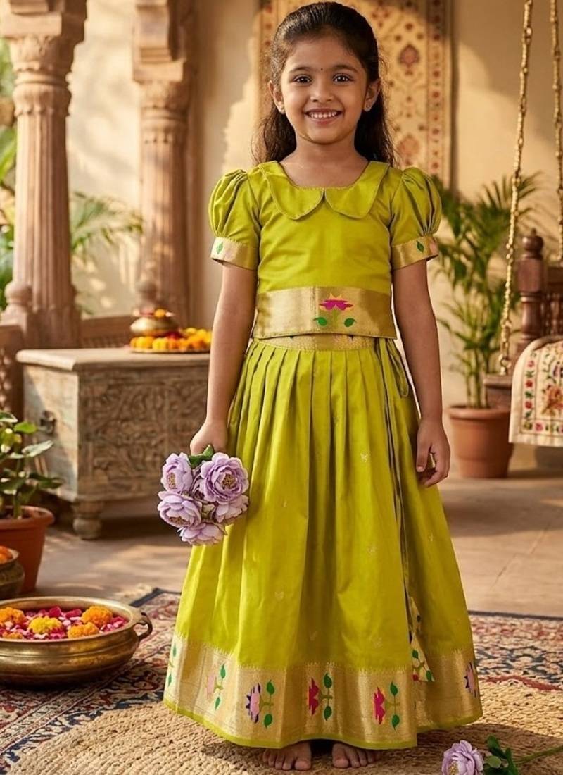 Soft silk paithani design zari weaving pavadai for kids