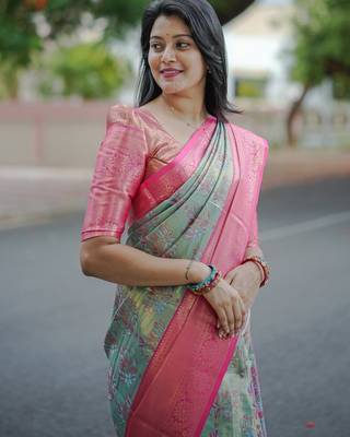 mint green floral, zari woven faux kanjivaram  semi silk saree with blouse 4