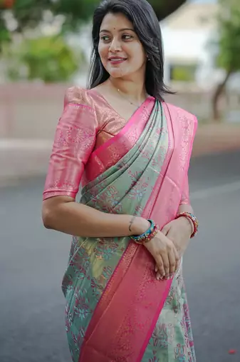 mint green floral, zari woven faux kanjivaram  semi silk saree with blouse