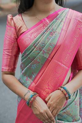 mint green floral, zari woven faux kanjivaram  semi silk saree with blouse 5