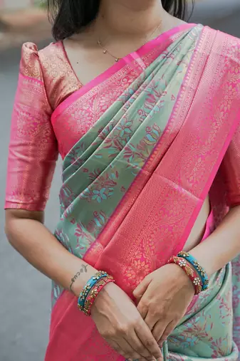 mint green floral, zari woven faux kanjivaram  semi silk saree with blouse