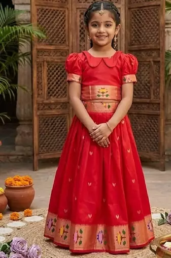 Soft silk paithani design zari weaving pavadai for kids